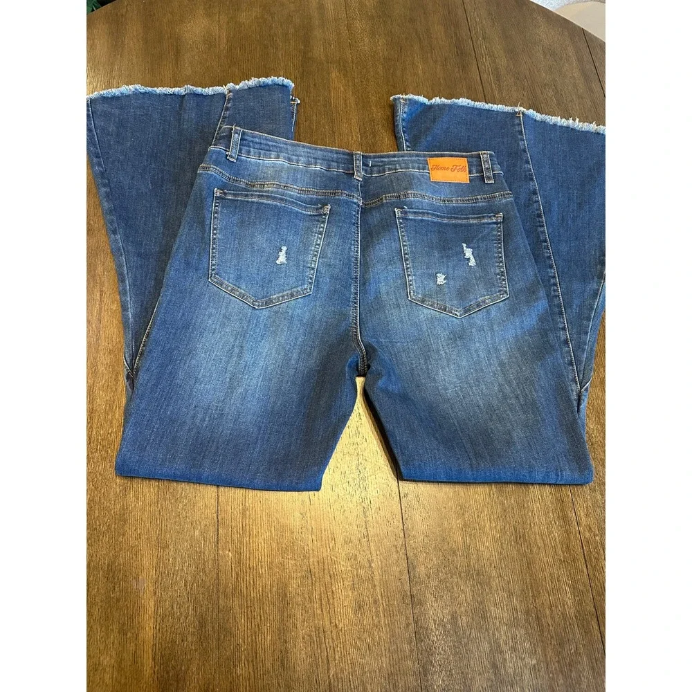 Home‎ Folk Women's Denim Flare Jeans Distressed Frayed Hem Size 18